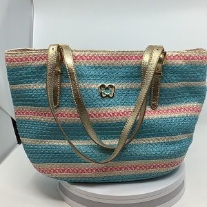 Eric Javits - Straw and Leather Tote in Turquoise Pink Striped NOWT